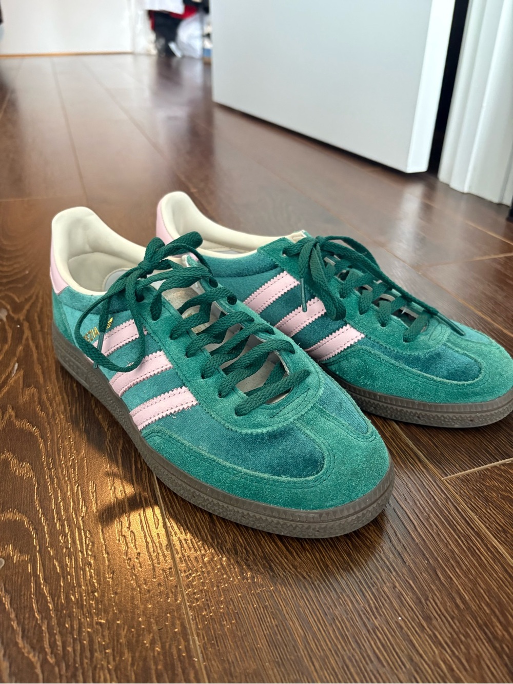 adidas handball spezial Green Suede Sneakers with Pink Stripes
